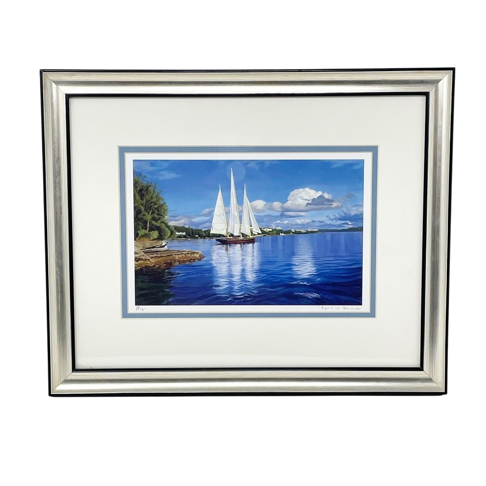 Lisa-Anne Rego Sailboat Framed Art "Spirit of Bermuda" Signed Silver Frame Glass